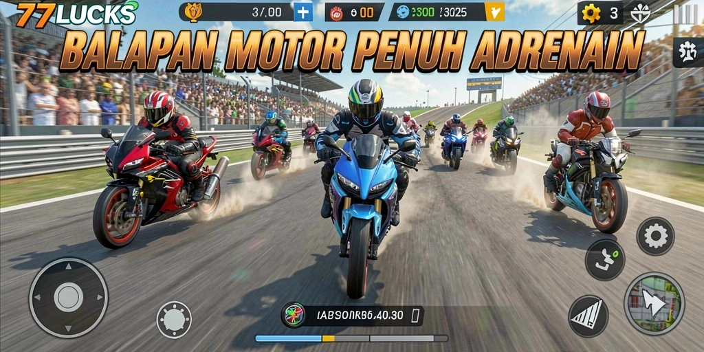 Screenshot utama menunjukkan momen balapan di trek yang menegangkan.