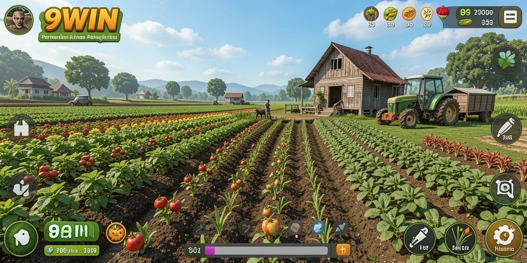 Tampilan gameplay menawan dari 9WIN saat bertani di ladang hijau.