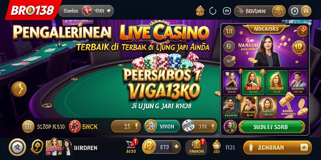 Screenshot gameplay BRO138 menampilkan dealer profesional dalam suasana kasino yang hidup.