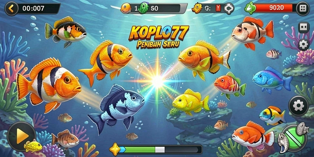 Screenshot utama KOPLO77 menunjukkan aksi seru menembak ikan.