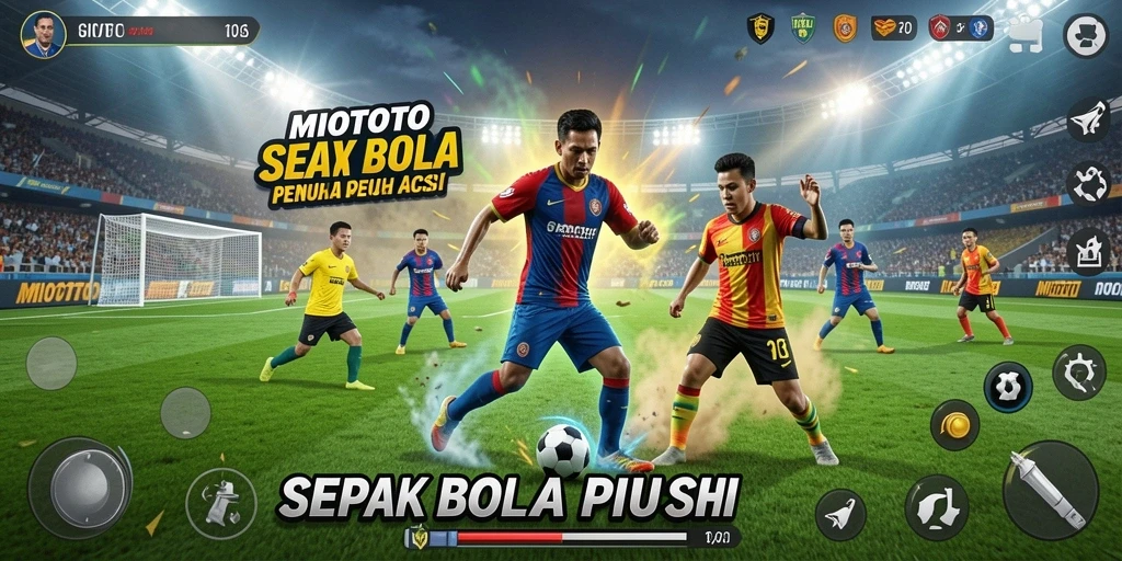 Tampilan gameplay seru dalam MIOTOTO yang menampilkan aksi sepak bola.
