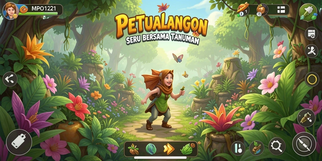 Screenshot MPO1221 menampilkan kebun yang rimbun dengan berbagai tanaman.