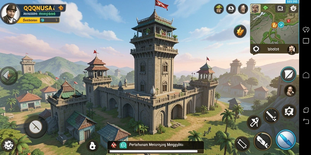 Screenshot QQNUSA menampilkan gameplay Tower Defense yang menegangkan.