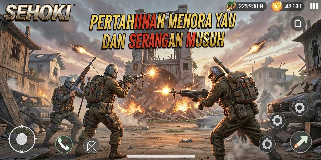 Cuplikan gameplay SEHOKI dengan berbagai menara bertahan dari serangan musuh.