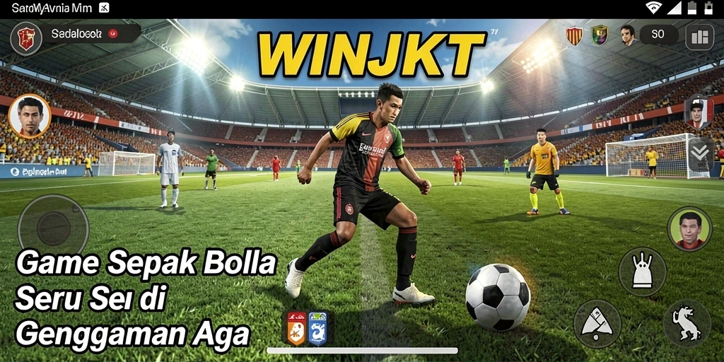 Screenshot gameplay WINJKT yang menampilkan aksi sepak bola yang mendebarkan.